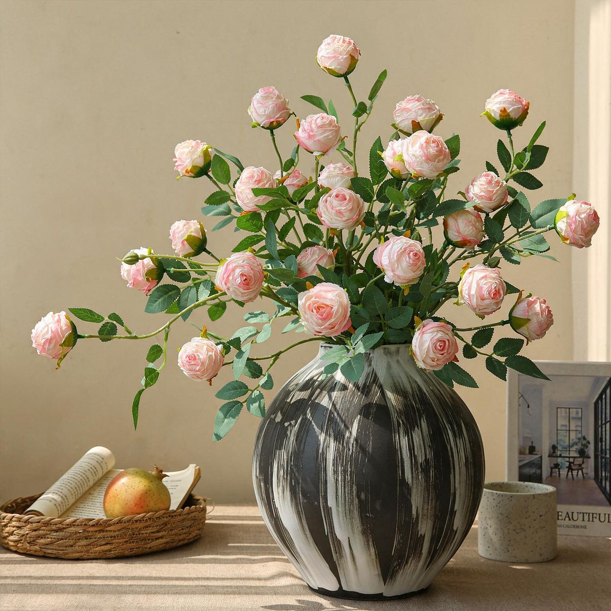 Rose artificielle à bord frisé, tige unique avec 3 fleurs, 57 cm, tissu polyester, décoration intérieure