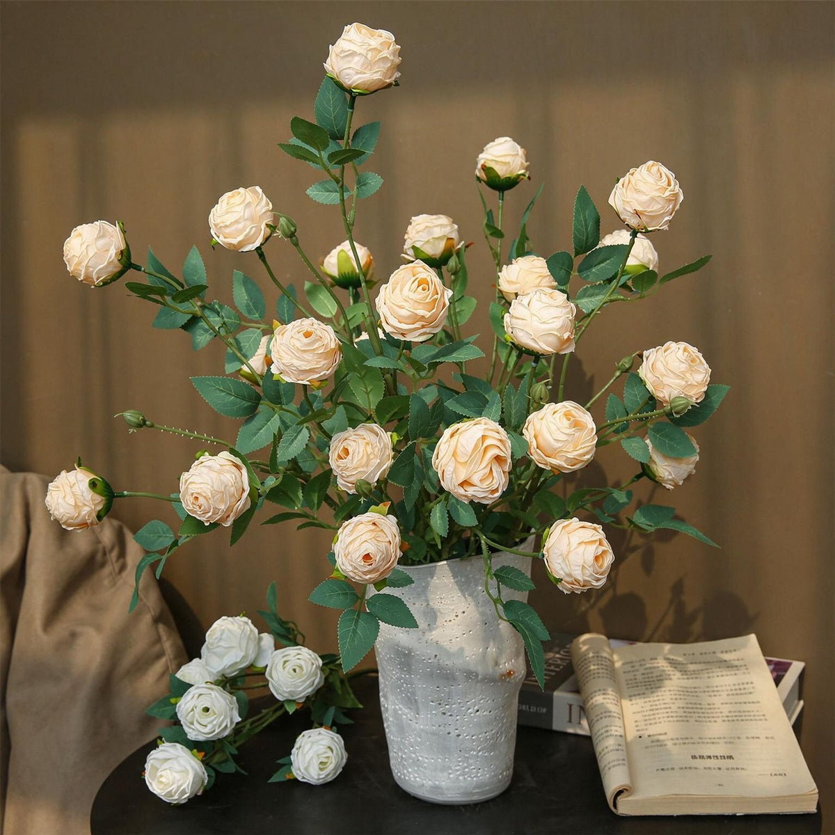 Rose artificielle à bord frisé, tige unique avec 3 fleurs, 57 cm, tissu polyester, décoration intérieure