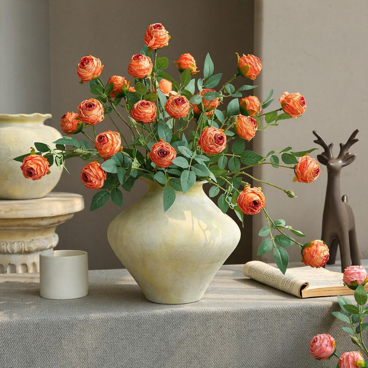 Rose artificielle à bord frisé, tige unique avec 3 fleurs, 57 cm, tissu polyester, décoration intérieure