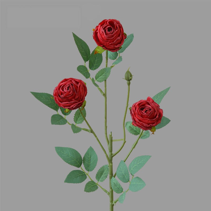 Rose artificielle à bord frisé, tige unique avec 3 fleurs, 57 cm, tissu polyester, décoration intérieure
