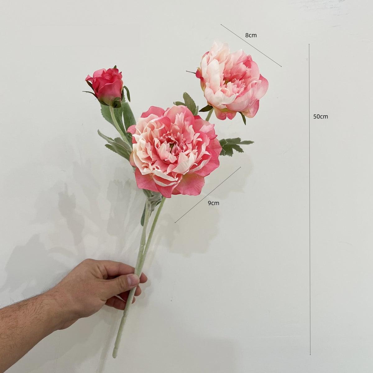 Tige unique de pivoine artificielle en tissu soyeux, 50 cm avec 3 fleurs, décoration intérieure élégante