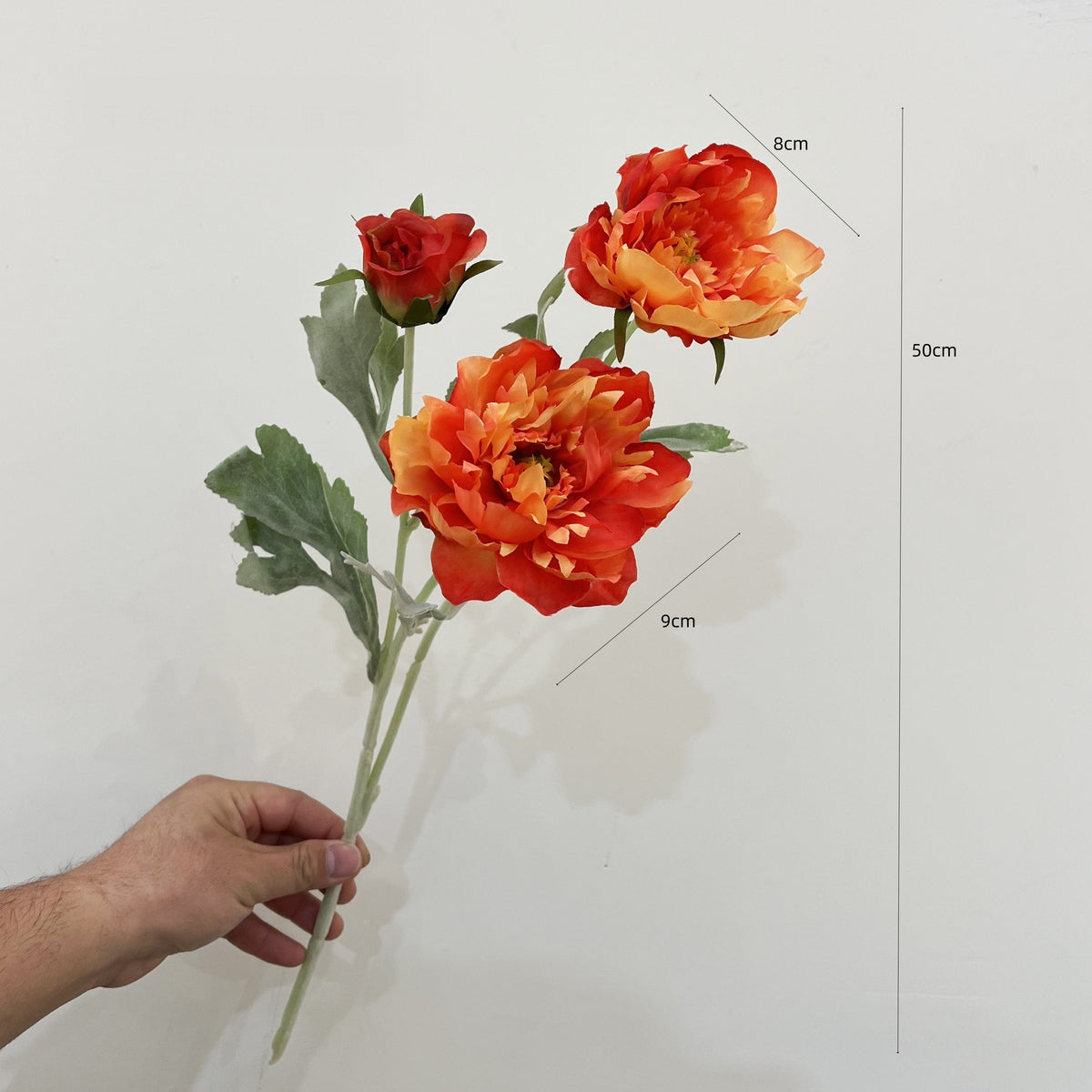 Tige unique de pivoine artificielle en tissu soyeux, 50 cm avec 3 fleurs, décoration intérieure élégante