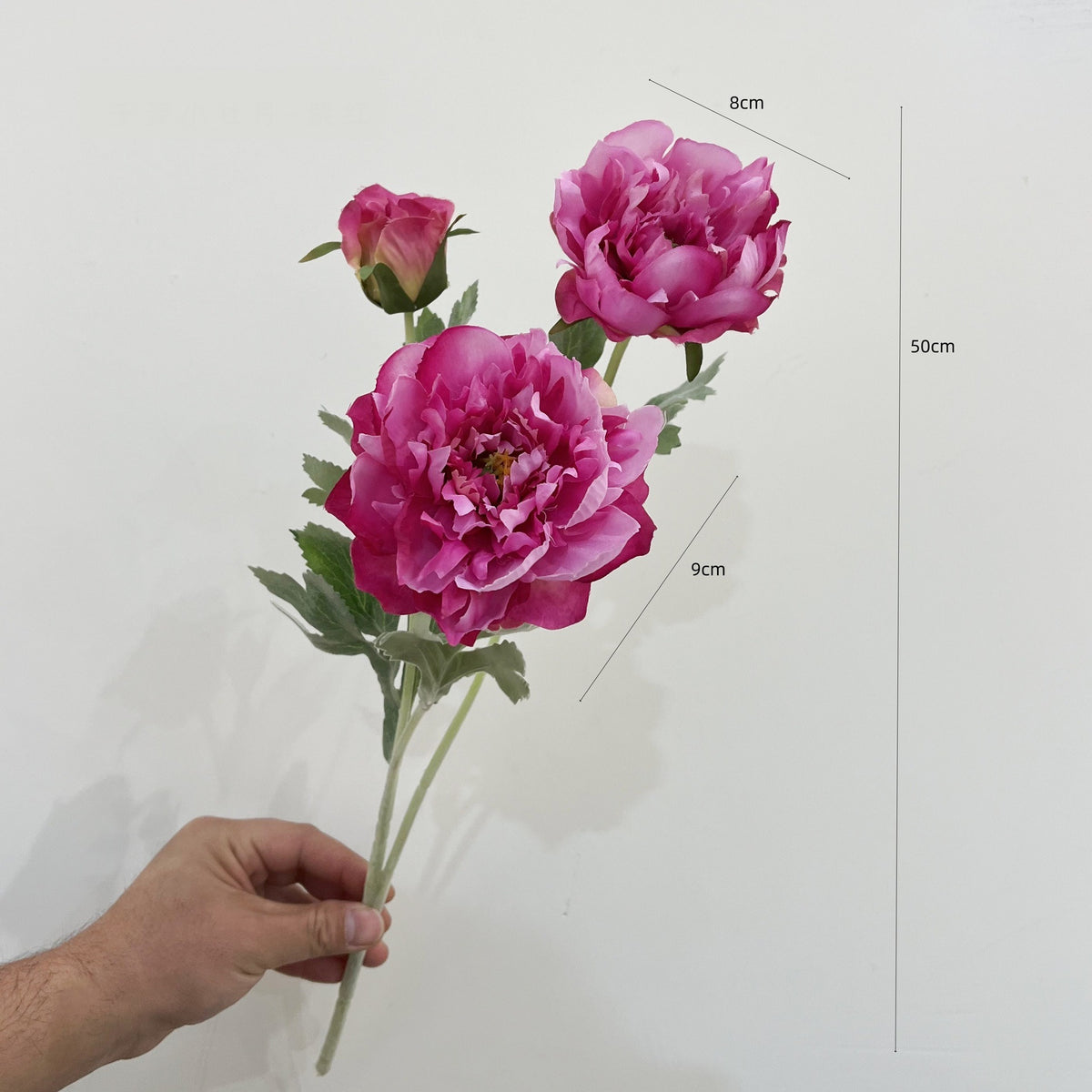 Tige unique de pivoine artificielle en tissu soyeux, 50 cm avec 3 fleurs, décoration intérieure élégante