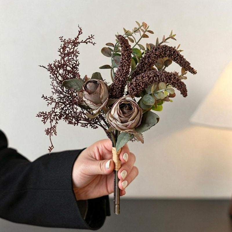 Bouquet de roses et eucalyptus artificiels 29 cm, décoration élégante pour mariage, intérieur et extérieur