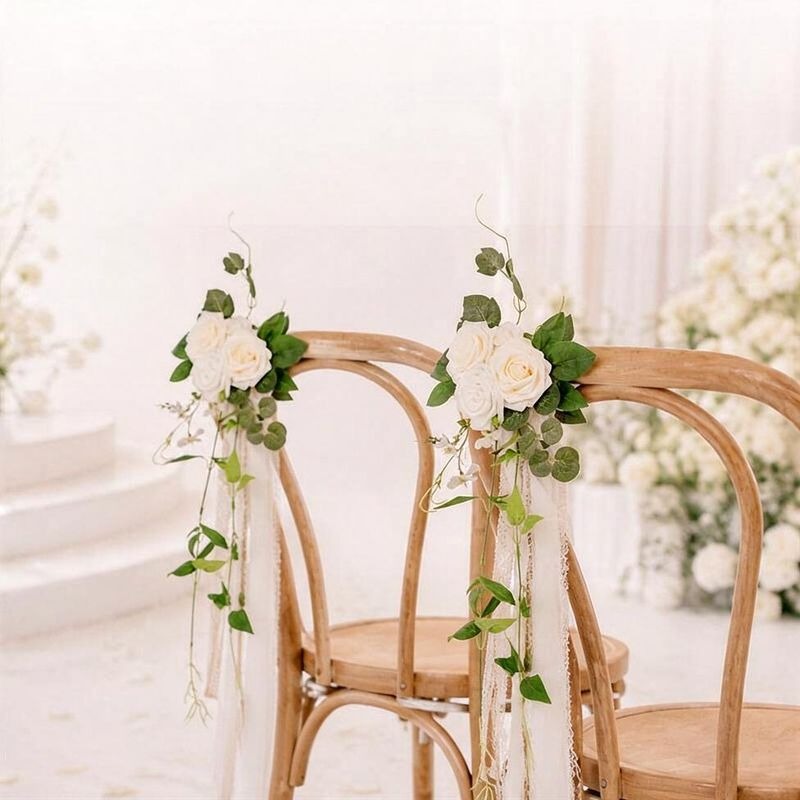 Fleur artificielle pour mariage, brin unique avec roses et eucalyptus, décoration de chaise ou rideau, 30 cm
