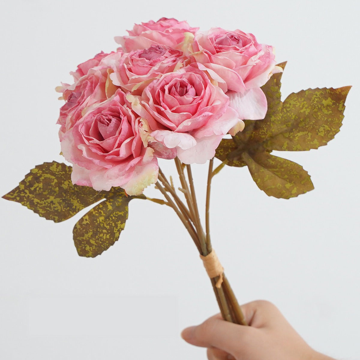 Bouquet de 7 roses vintage à bords vieillis, 35 cm, décoration intérieure élégante, sans entretien