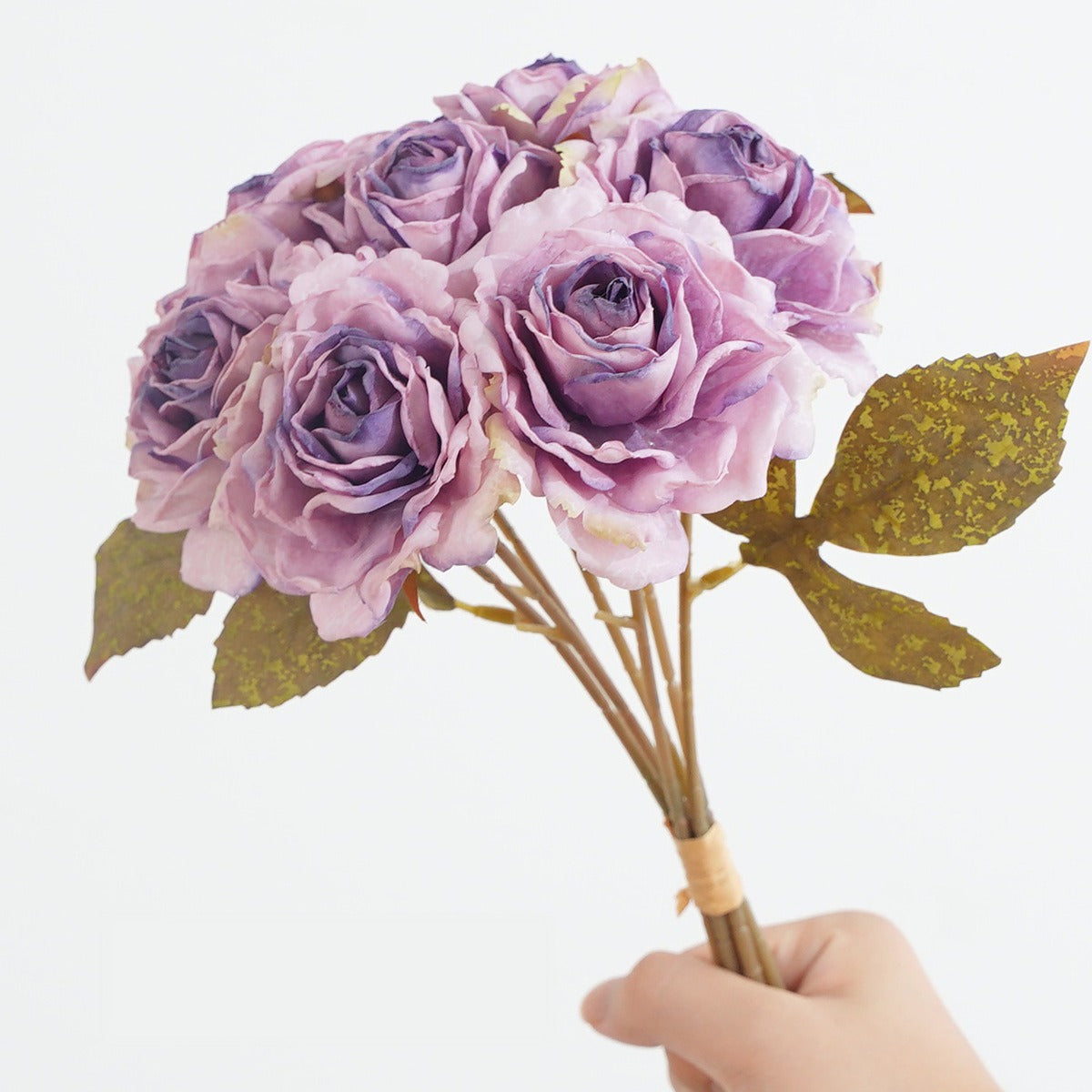 Bouquet de 7 roses vintage à bords vieillis, 35 cm, décoration intérieure élégante, sans entretien