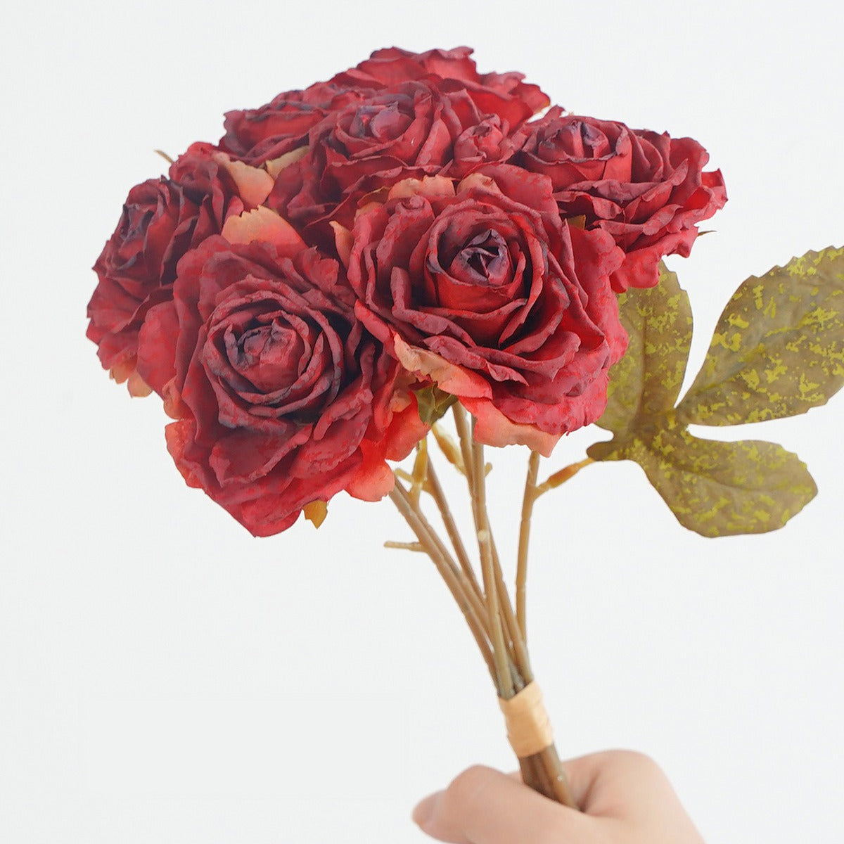 Bouquet de 7 roses vintage à bords vieillis, 35 cm, décoration intérieure élégante, sans entretien