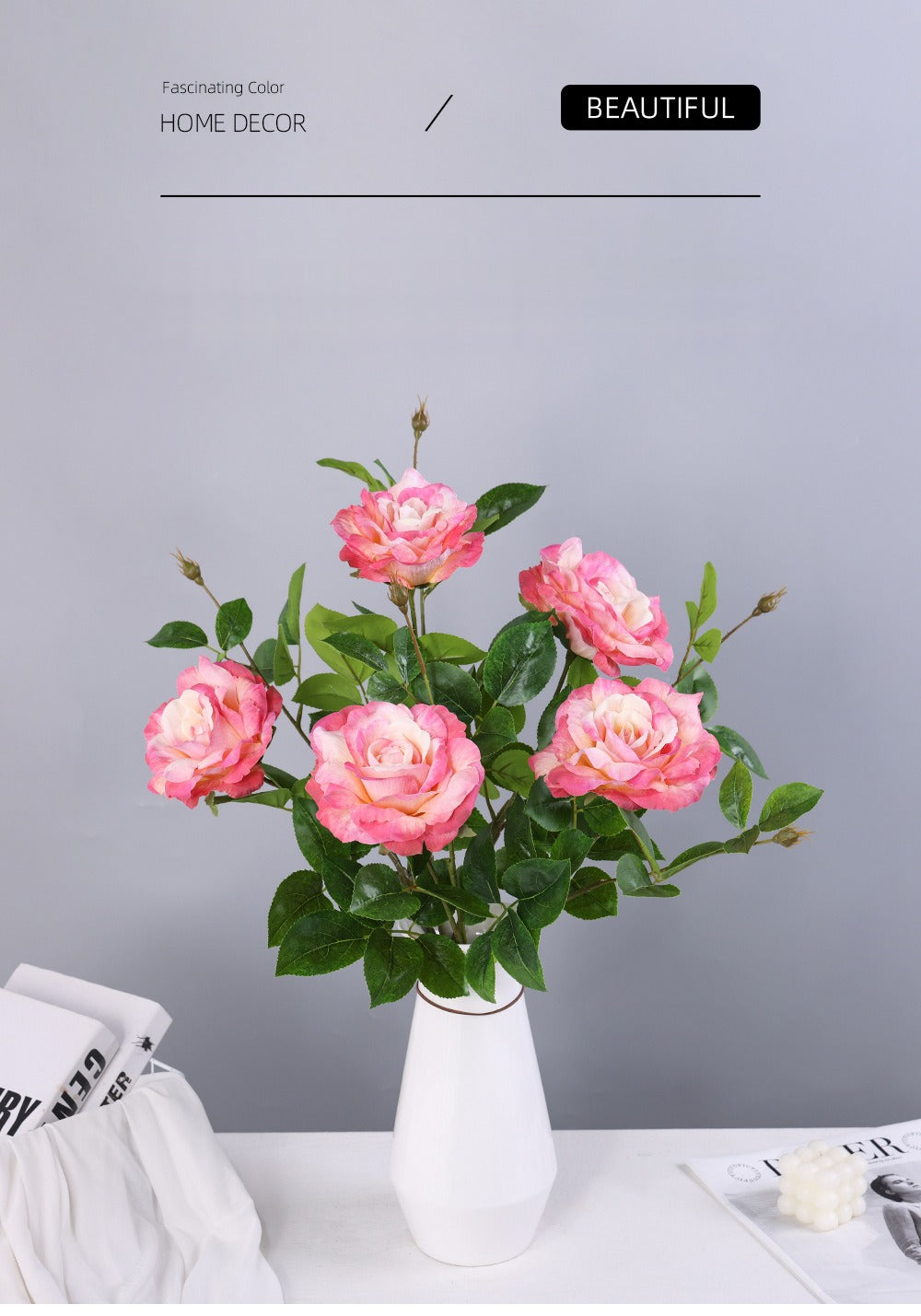 Rose artificielle en tissu soyeux, tige unique, 65 cm, décoration intérieure et extérieure
