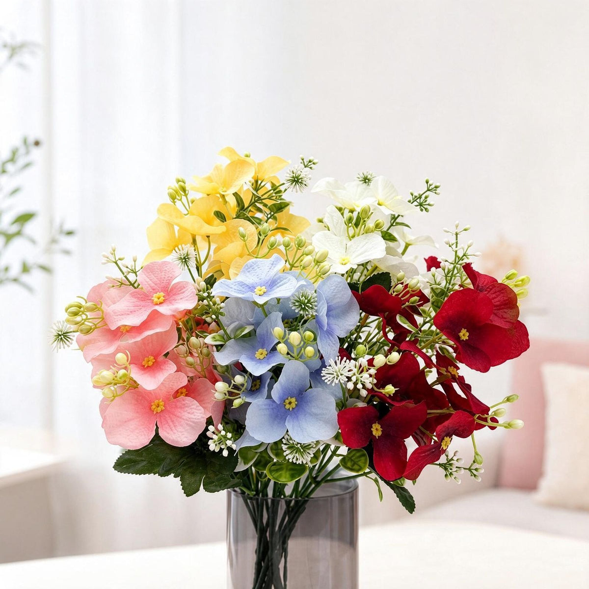 Bouquet de fleurs artificielles en hydrangea, 36 cm, tissu soyeux, multicolore, pour décoration intérieure et événements