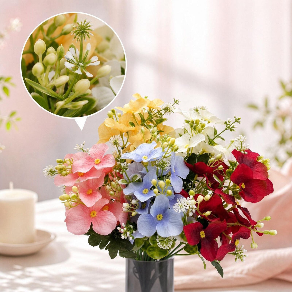 Bouquet de fleurs artificielles en hydrangea, 36 cm, tissu soyeux, multicolore, pour décoration intérieure et événements