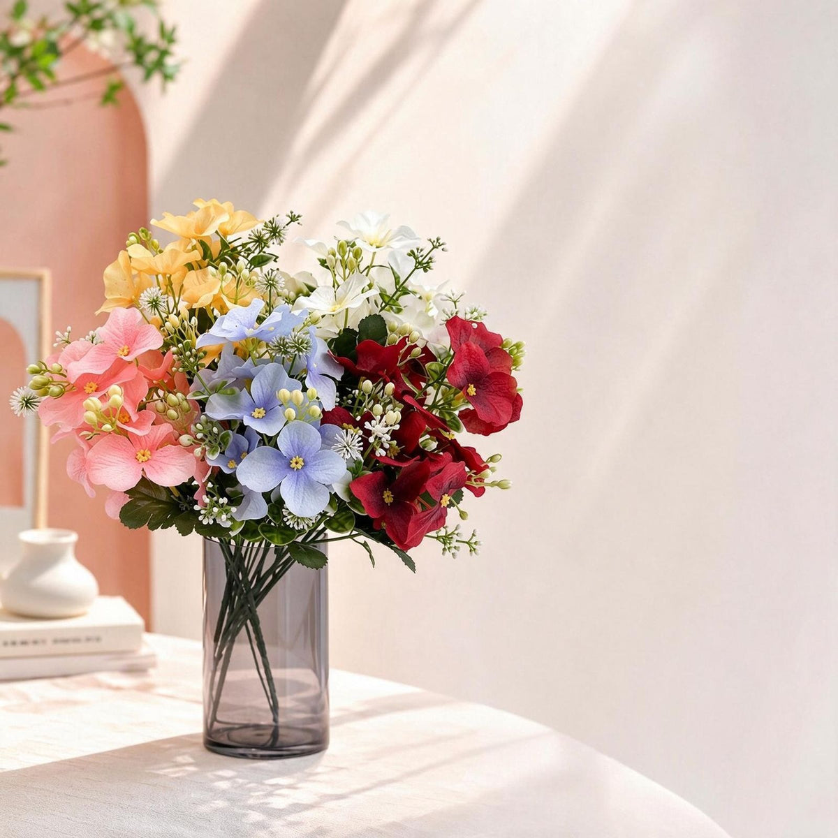 Bouquet de fleurs artificielles en hydrangea, 36 cm, tissu soyeux, multicolore, pour décoration intérieure et événements