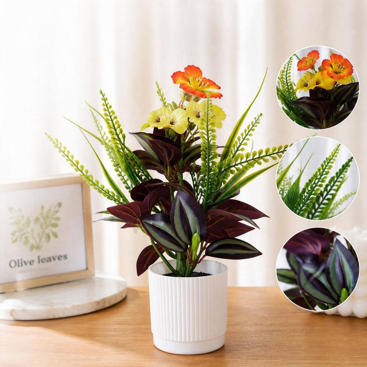 Composition Décorative en Faux Feuillage, Démon de l'Œil de Tradescantia et Impatiens, 29 cm, Pour Bureau et Intérieur