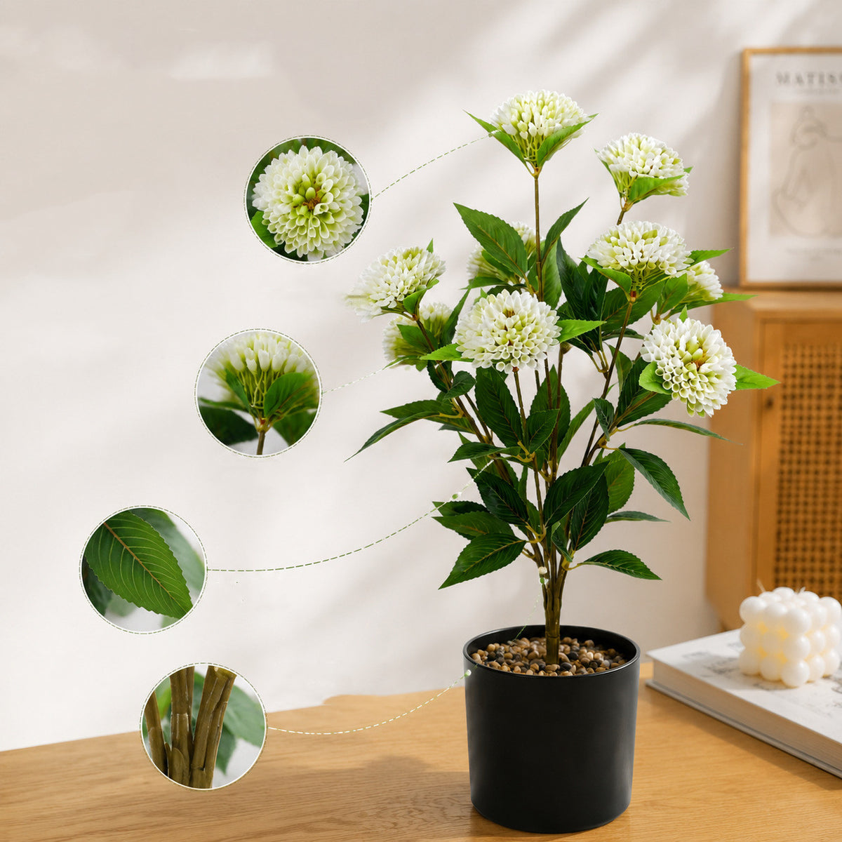 Bouquet de Chrysanthèmes Pompons Artificiels, 57 cm, 9 Fleurs, Décoration Élégante pour Mariage, Bureau ou Maison