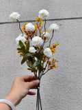 Bouquet de chrysanthèmes pompons et gypsophiles artificiels, 42 cm, tissu soyeux