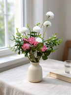 Bouquet champêtre 42 cm – Eucalyptus, Pâquerettes, Roses crantées, 5 unités, sans entretien