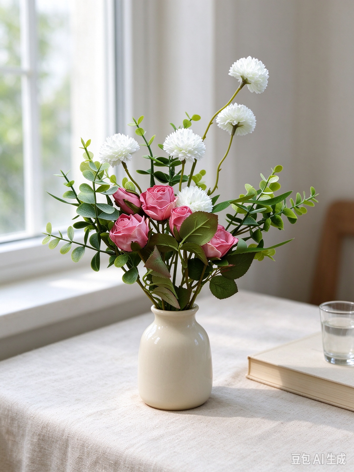 Bouquet champêtre 42 cm – Eucalyptus, Pâquerettes, Roses crantées, 5 unités, sans entretien
