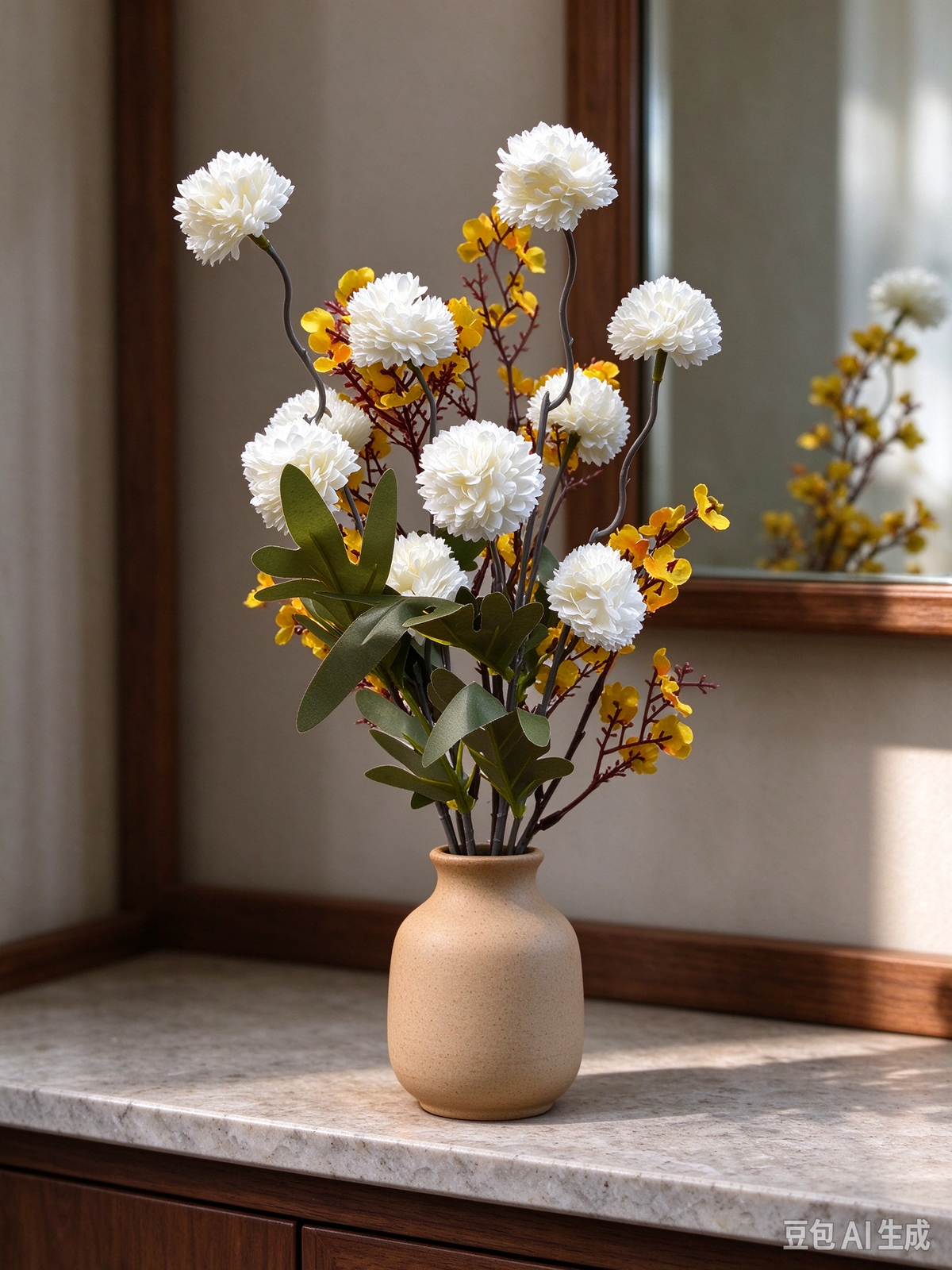 Bouquet de chrysanthèmes pompons et gypsophiles artificiels, 42 cm, tissu soyeux