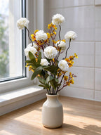 Bouquet de chrysanthèmes pompons et gypsophiles artificiels, 42 cm, tissu soyeux