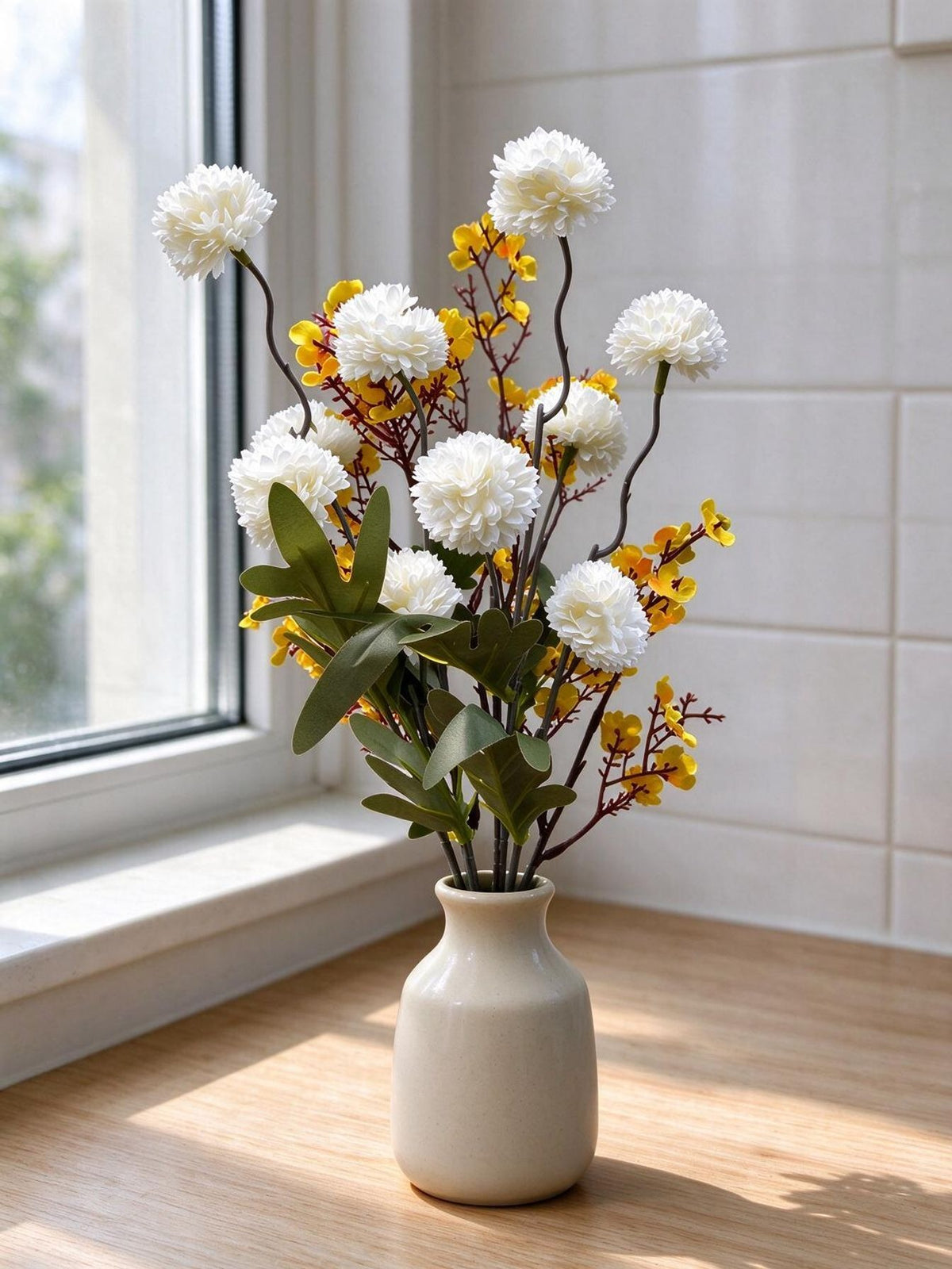 Bouquet de chrysanthèmes pompons et gypsophiles artificiels, 42 cm, tissu soyeux