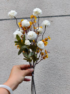 Bouquet de chrysanthèmes pompons et gypsophiles artificiels, 42 cm, tissu soyeux
