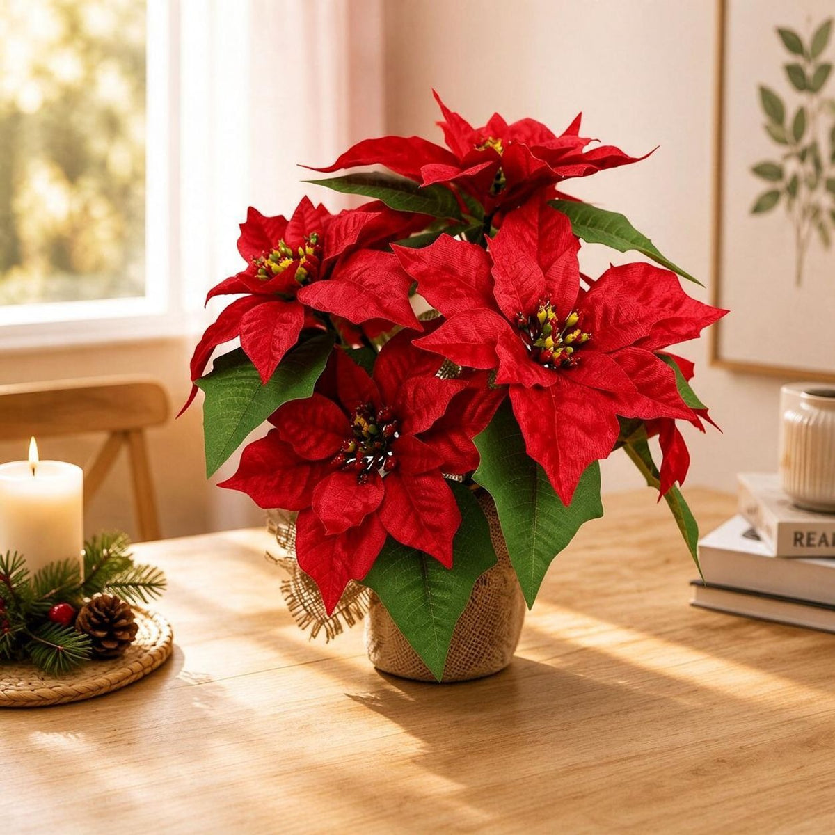 Plante artificielle Poinsettia (34 cm) avec pot, décoration de Noël élégante pour intérieur et extérieur