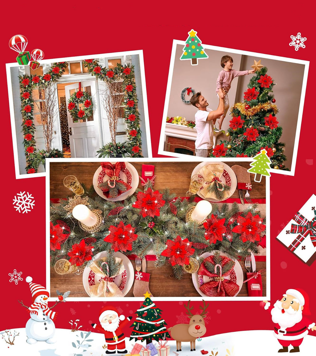 18 Pièces de Poinsettias Artificiels avec Pinces – Décorations de Noël