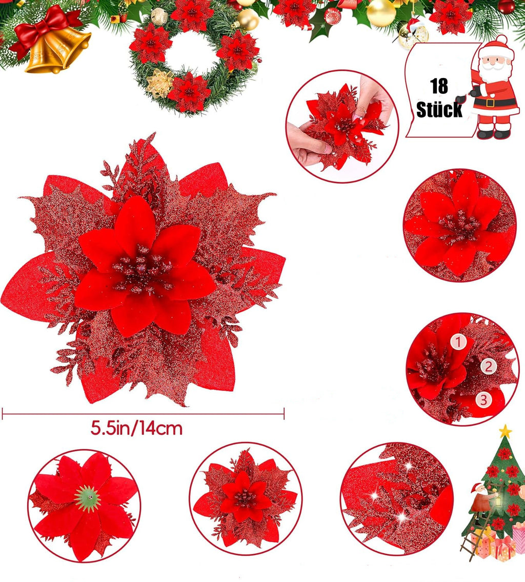 18 Pièces de Poinsettias Artificiels avec Pinces – Décorations de Noël