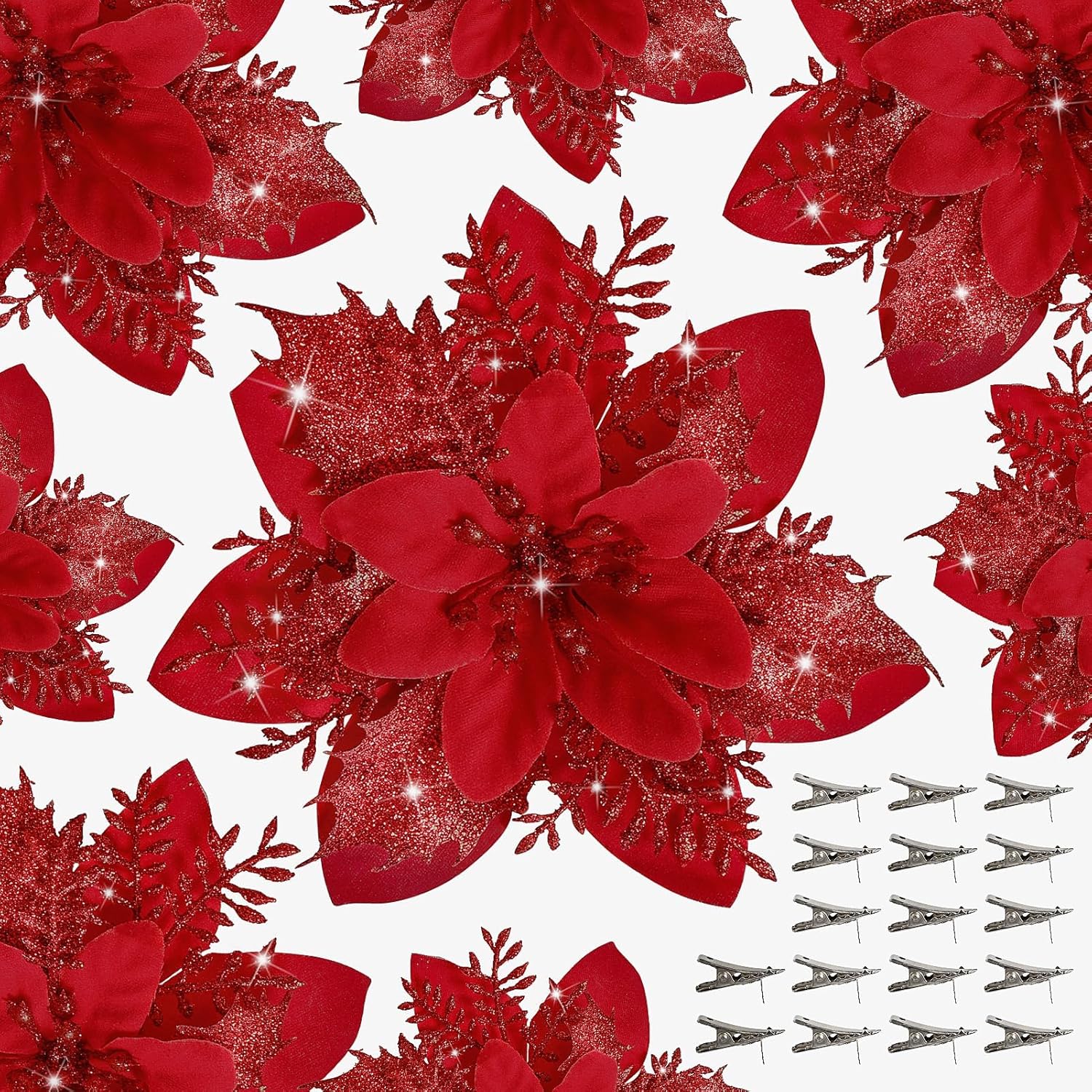18 Pièces de Poinsettias Artificiels avec Pinces – Décorations de Noël