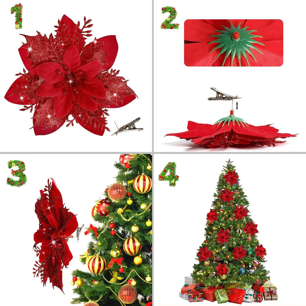 18 Pièces de Poinsettias Artificiels avec Pinces – Décorations de Noël