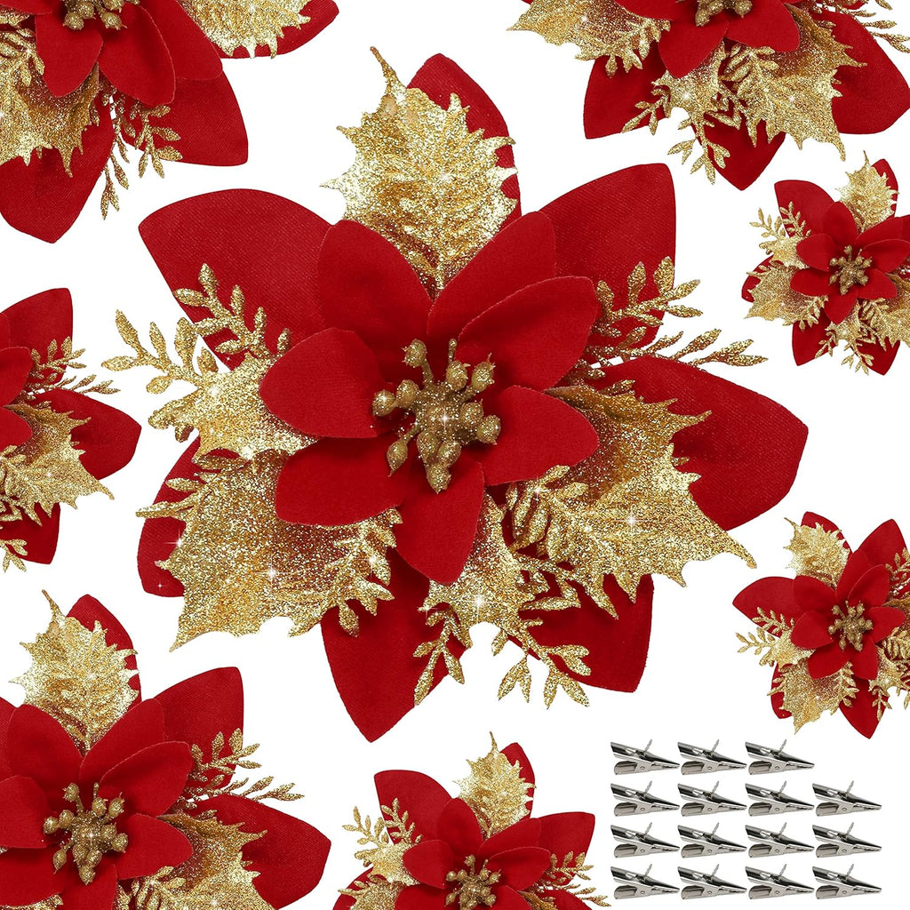 18 Pièces de Poinsettias Artificiels avec Pinces – Décorations de Noël