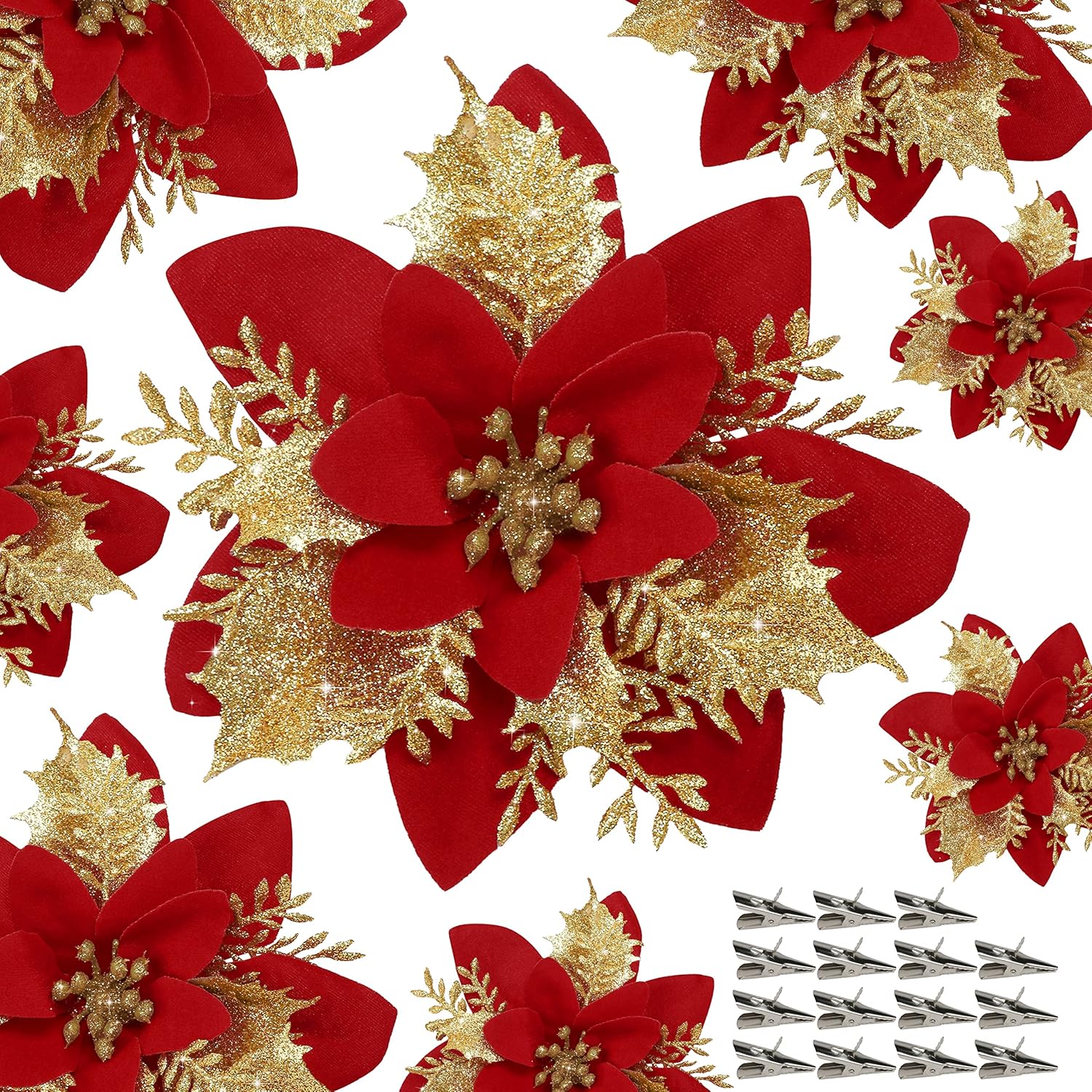 18 Pièces de Poinsettias Artificiels avec Pinces – Décorations de Noël
