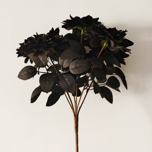 Bouquet de dahlias noirs artificiels 35 cm – Décoration d’Halloween pour table et fête