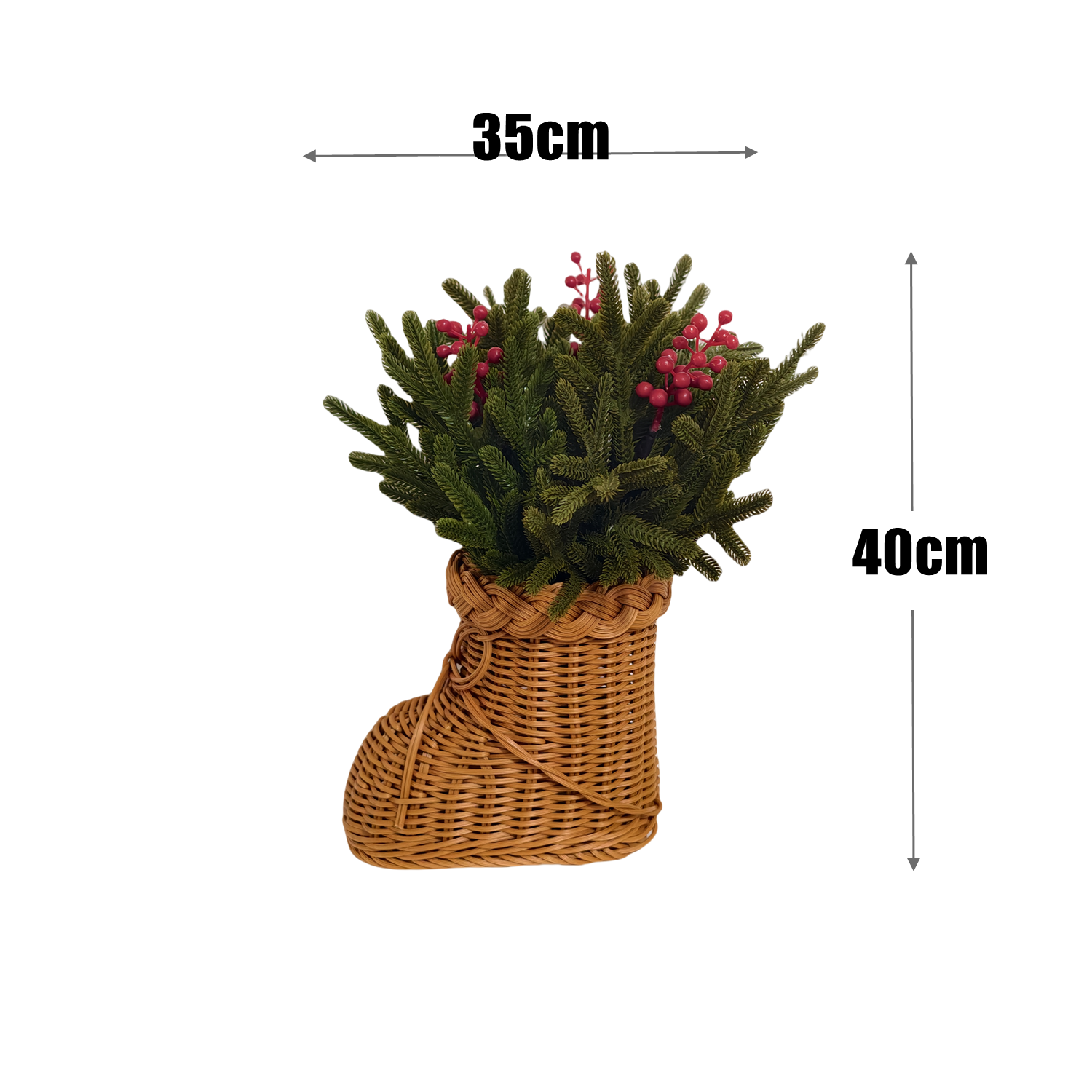 40 cm Tiges artificielles de pin de Norfolk avec baies rouges dans un vase en rotin tissé à pieds – Décorations de Noël