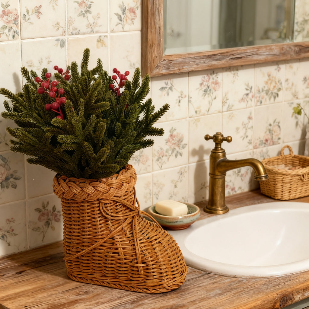 40 cm Tiges artificielles de pin de Norfolk avec baies rouges dans un vase en rotin tissé à pieds – Décorations de Noël