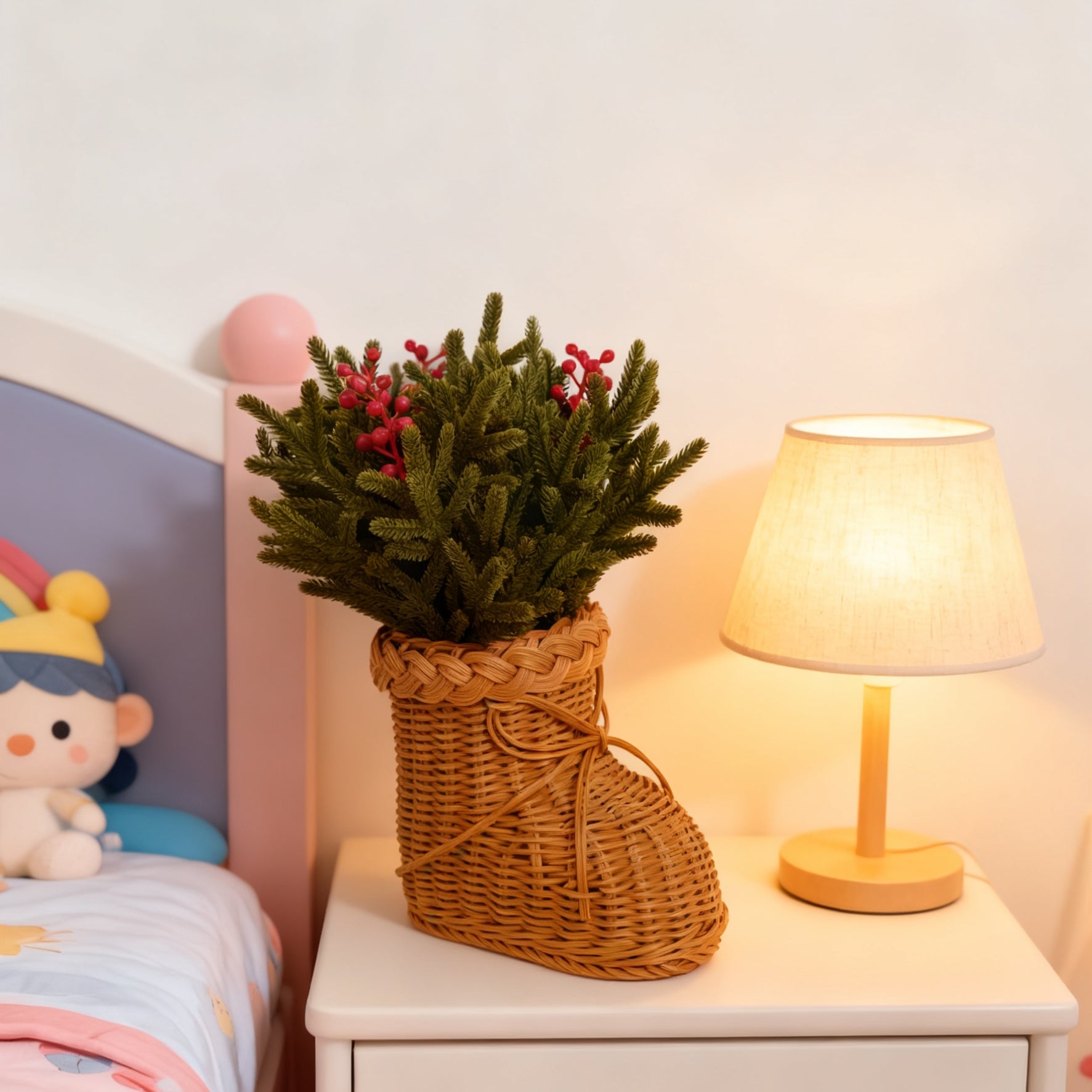 40 cm Tiges artificielles de pin de Norfolk avec baies rouges dans un vase en rotin tissé à pieds – Décorations de Noël