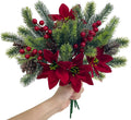 Lot de 4 amaryllis artificielles avec brindilles de pin, baies rouges et pommes de pin – Décoration de Noël