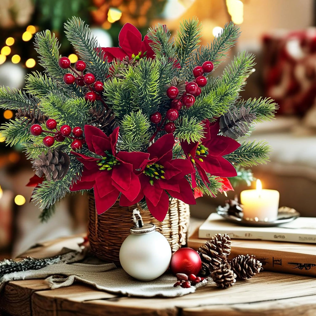 4 Pièces Amaryllis Artificielles & Brindilles de Pin avec Baies Rouges et Strobiles – Décorations de Noël