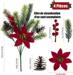 4 Pièces Amaryllis Artificielles & Brindilles de Pin avec Baies Rouges et Strobiles – Décorations de Noël