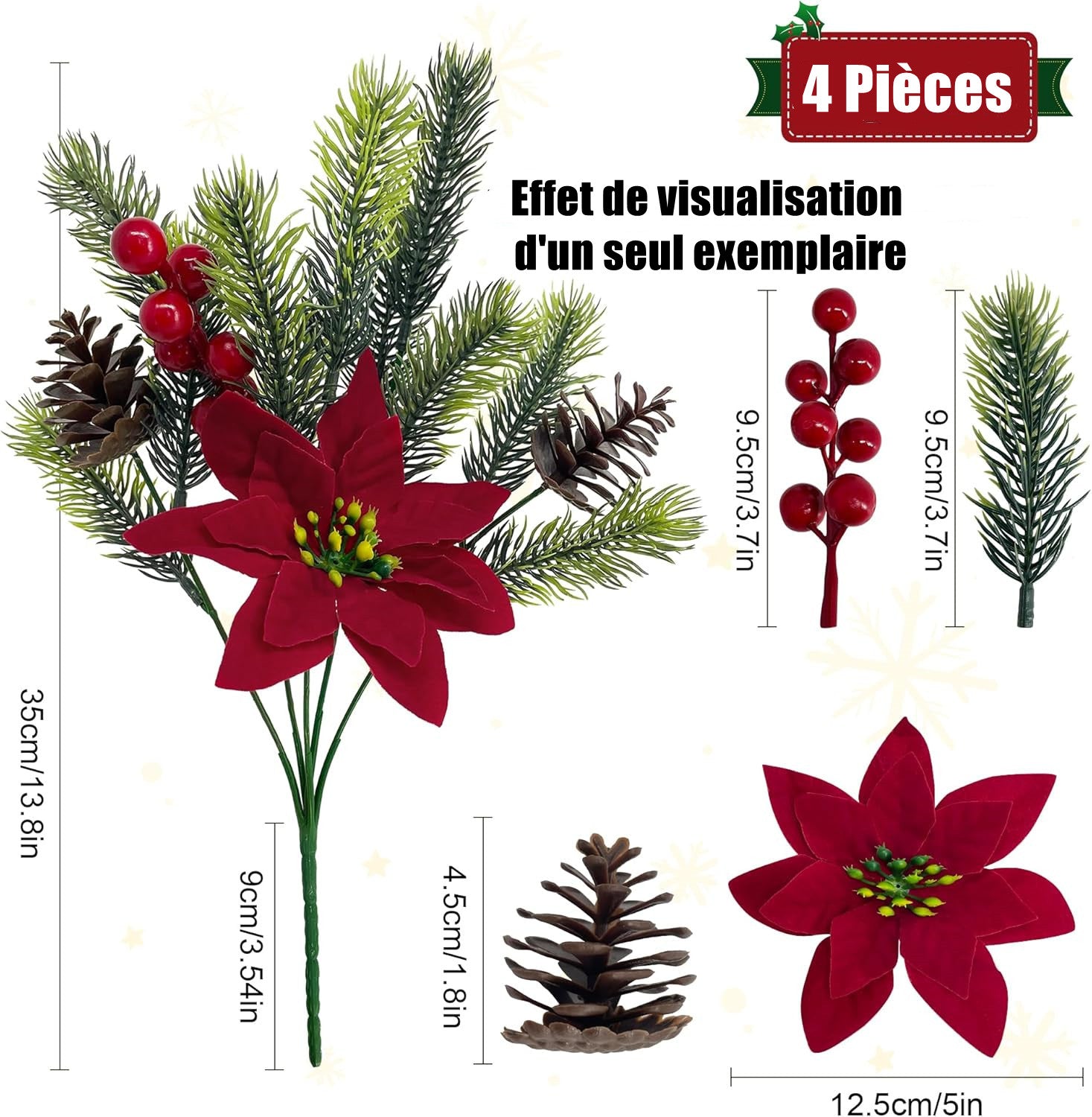 4 Pièces Amaryllis Artificielles & Brindilles de Pin avec Baies Rouges et Strobiles – Décorations de Noël