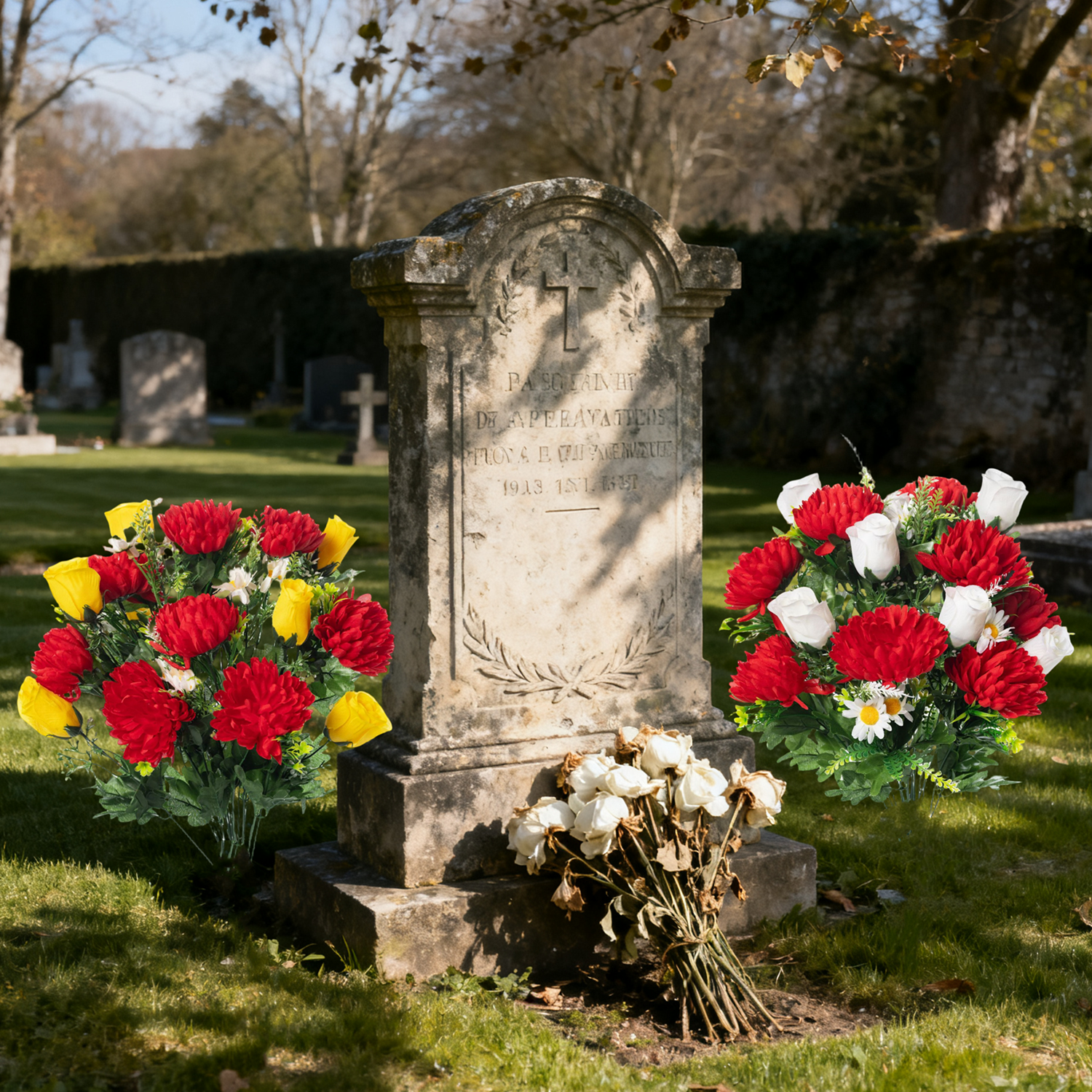 Bouquet artificiel de chrysanthèmes et de roses en boutons pour tombes Décoration pour la Fête de la Toussaint