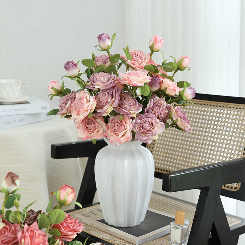 Bouquet de roses artificielles à bords brûlés 55cm - Réaliste et élégante - Idéal pour mariage, décoration intérieure et automne