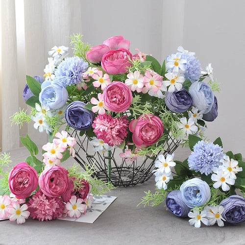 Bouquet mixte de pivoines et chrysanthèmes artificiels 31 cm