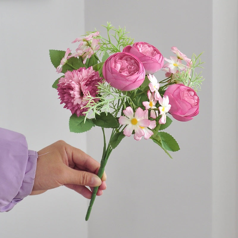 31cm Bouquet mixte de pivoines et de chrysanthèmes artificiels