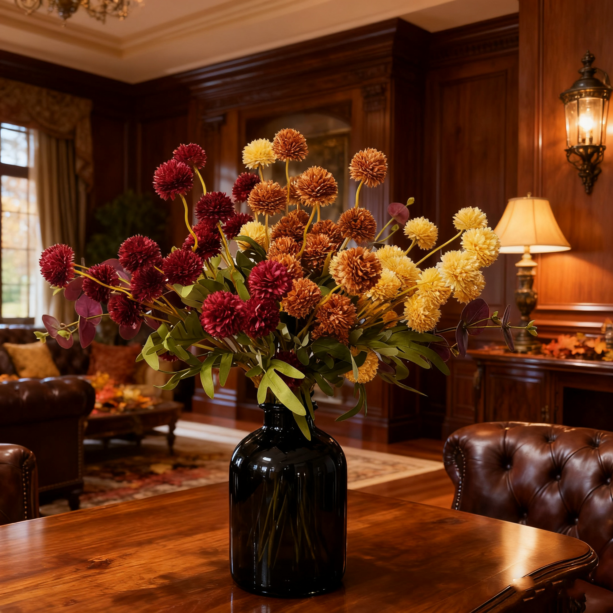 Centre de table de chrysanthèmes artificiels en soie d'automne - Fleurs kiku orange brûlé, jaune profond et rouge profond avec eucalyptus prune