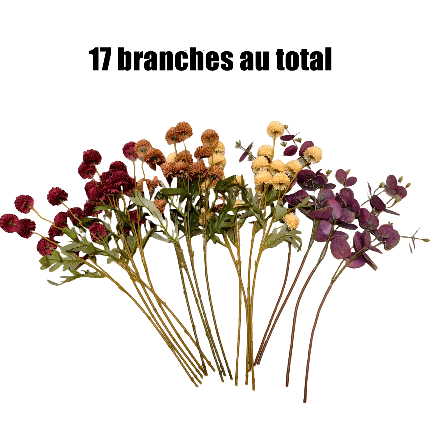 Centre de table de chrysanthèmes artificiels en soie d'automne - Fleurs kiku orange brûlé, jaune profond et rouge profond avec eucalyptus prune