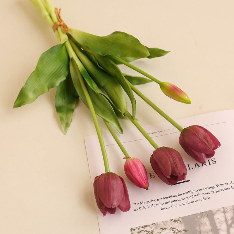 Gros vente de bouquets de tulipes artificielles en latex, 5 fleurs par bouquet, taille 40 cm