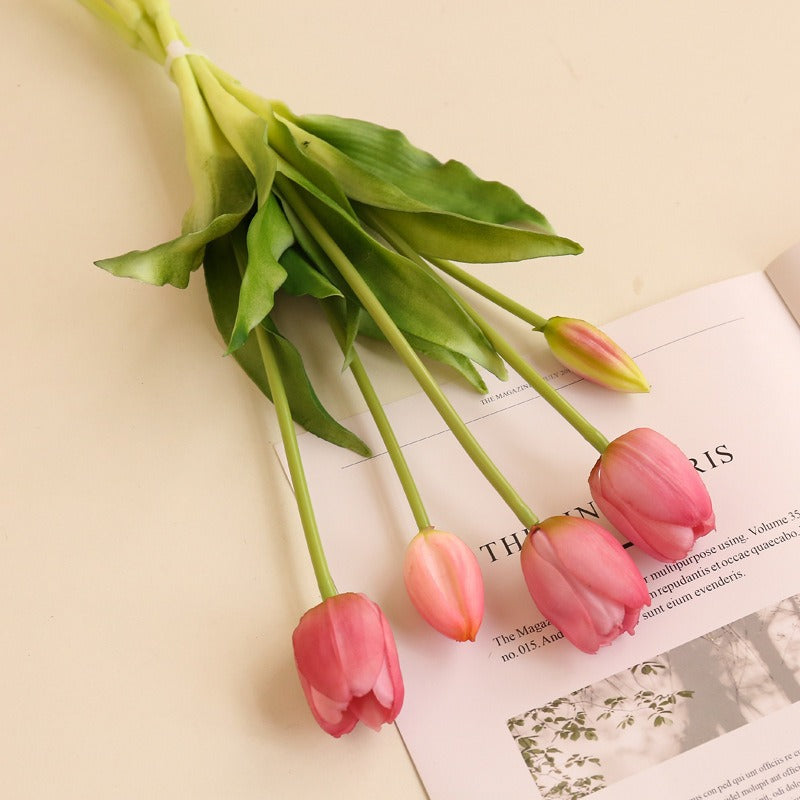 Gros vente de bouquets de tulipes artificielles en latex, 5 fleurs par bouquet, taille 40 cm