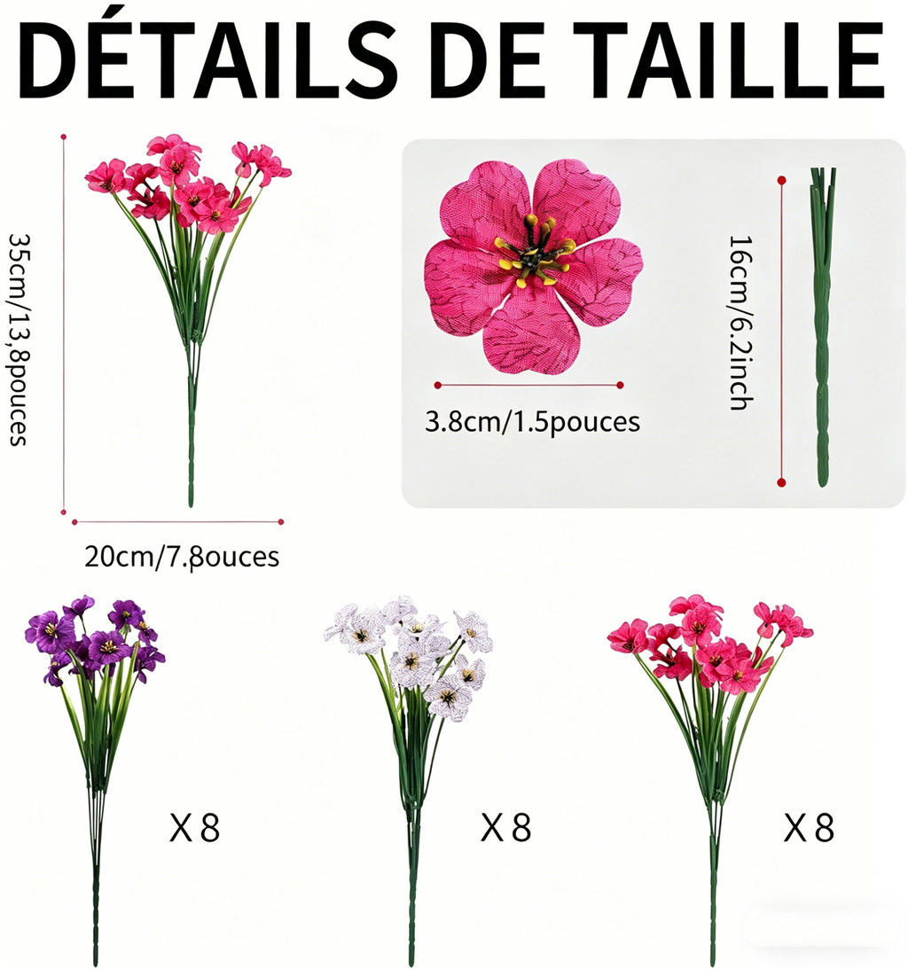 Lot de 24 Bouquets de Fleurs Artificielles Résistantes UV – 35cm Plantes Fausses sans Décoloration pour Jardin, Porche & Jardinières Extérieur