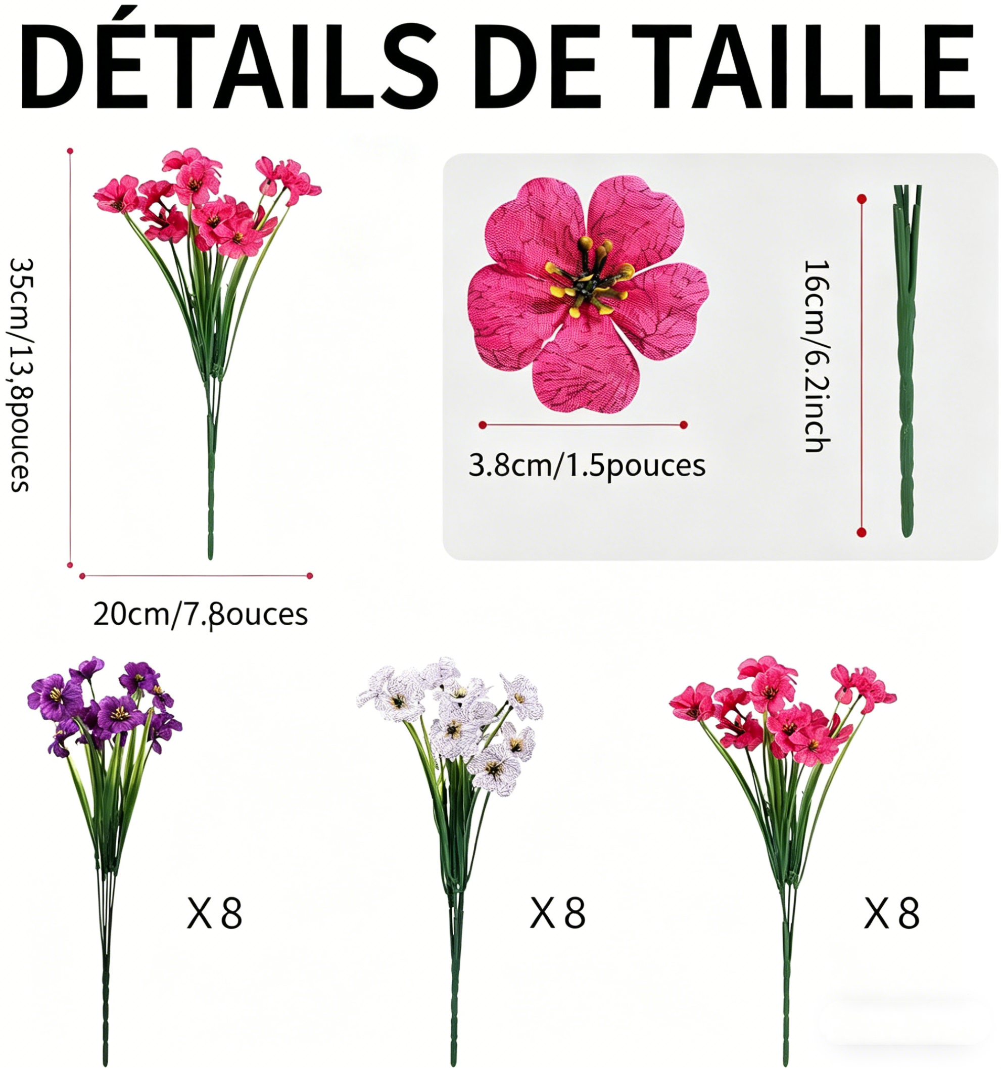 Lot de 24 Bouquets de Fleurs Artificielles Résistantes UV – 35cm Plantes Fausses sans Décoloration pour Jardin, Porche & Jardinières Extérieur